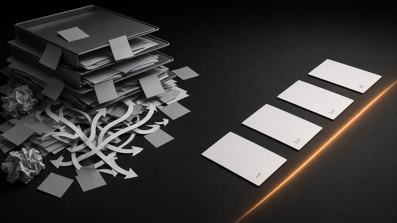 A tangled stack of papers and arrows beside four clean cards on a glowing orange line