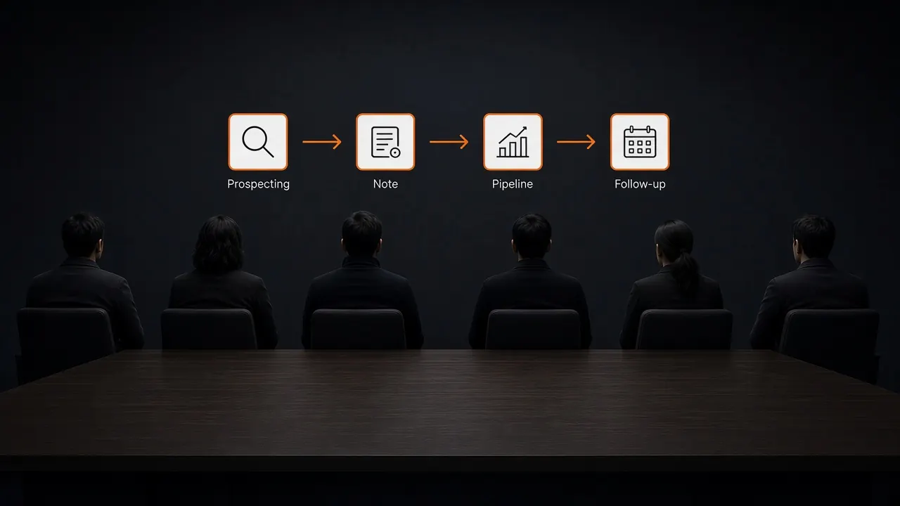 A sales team seated at a table beneath a flow of prospecting, note, pipeline and follow-up icons