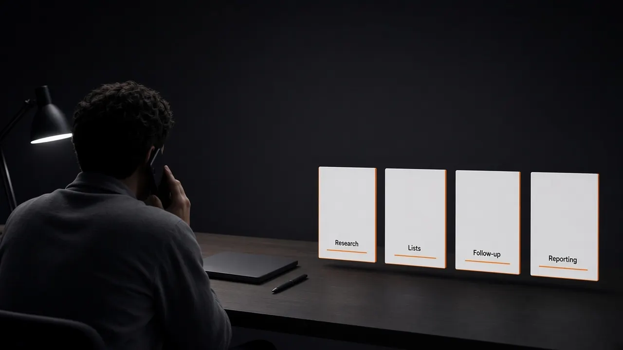 A salesperson on a phone call beside cards labeled research, lists, follow-up and reporting