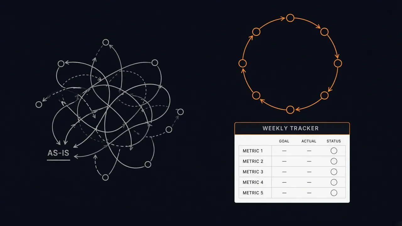 A tangled as-is process diagram next to a clean circular process and a weekly tracker